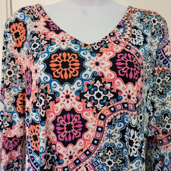 Coco Bianco Colorful Bell Sleeve Tie Back Pink Blue White Blouse Size M - Picture 2 of 14